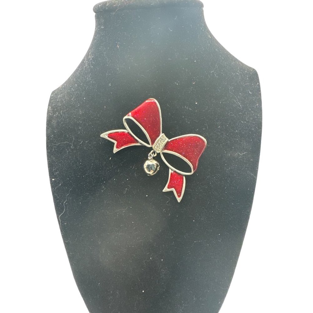 Signed AS Vintage 1990s Pewter Finish Enamel Crystal Bow Christmas Pin/Brooch